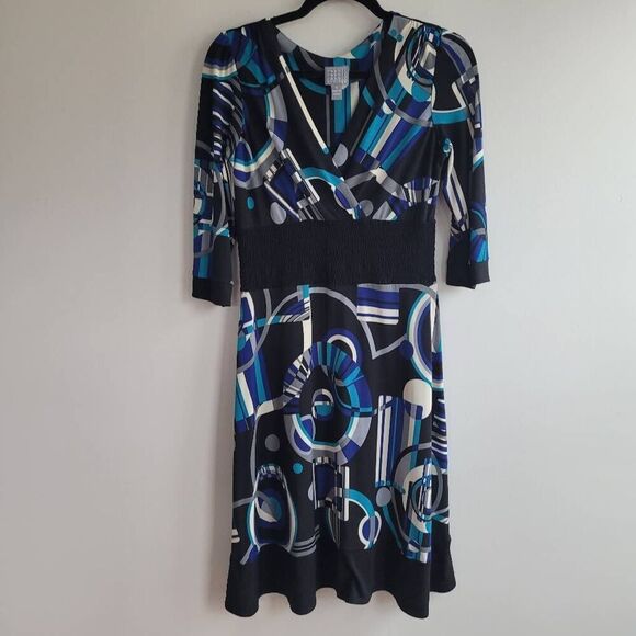 Vintage y2k geometric print blue v neck dress artsy unique 2000s office - Picture 1 of 13